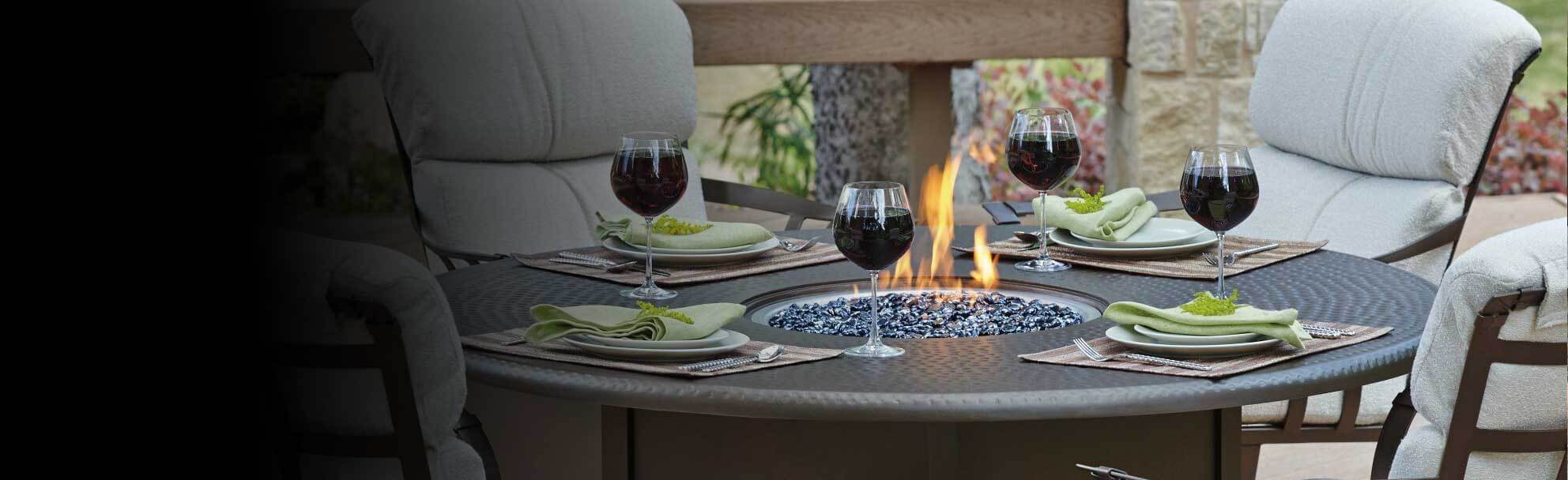 Round dining table with fire pit in discount middle