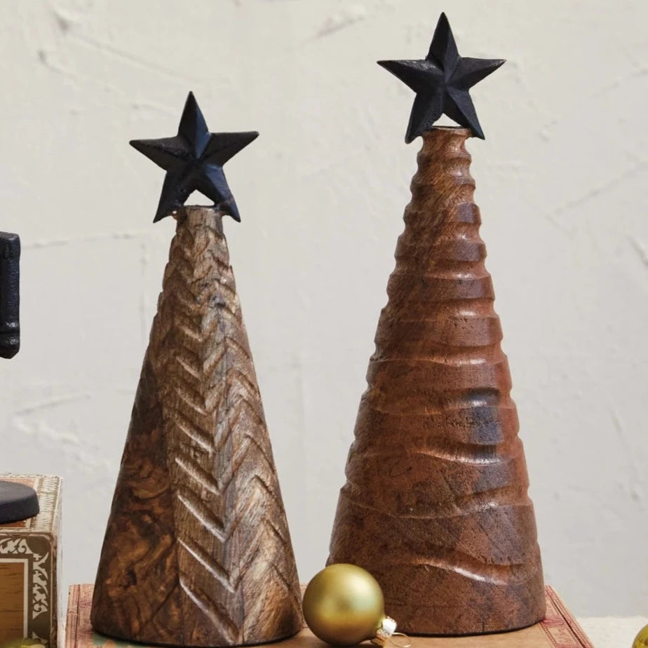 Carved Mango Wood Christmas Trees with Black Metal Star