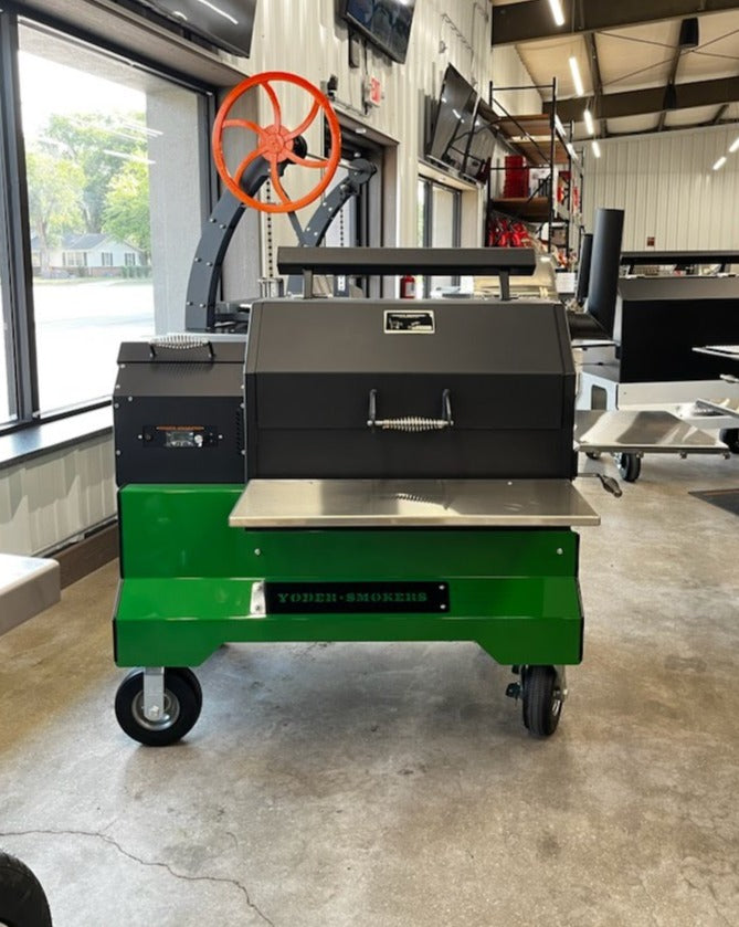 Local Special, Yoder Smokers YS640S Pellet Grill on Green Competition Cart, Stainless Steel Shelves, Black Placards