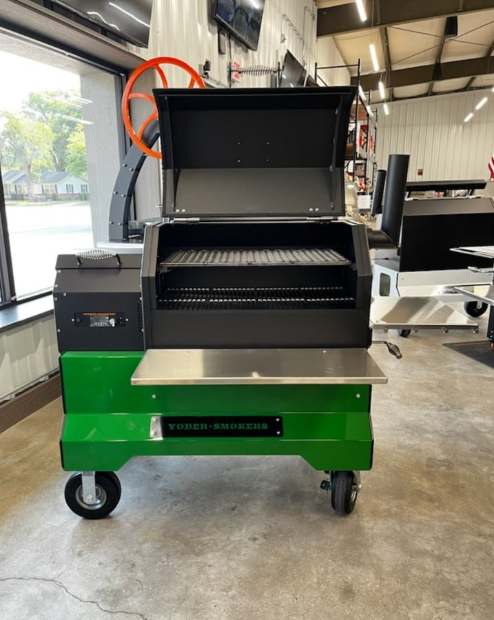 Local Special, Yoder Smokers YS640S Pellet Grill on Green Competition Cart, Stainless Steel Shelves, Black Placards