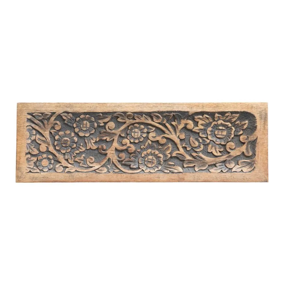 Hand-Carved Mango Wood Tray with Floral Motif Decor 12038706