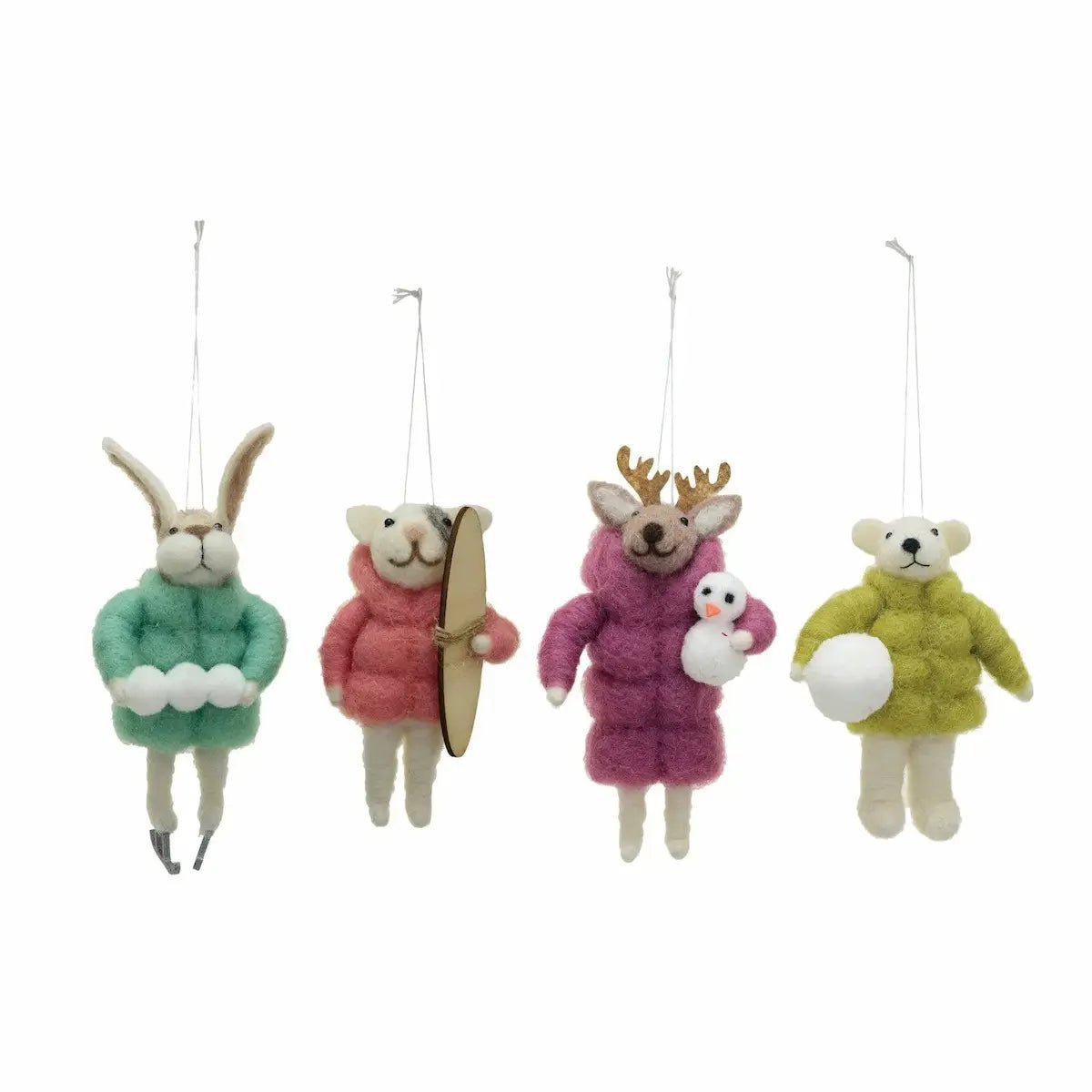 Handmade Wool Felt Animals in Winter Coat Ornaments Holiday Ornaments