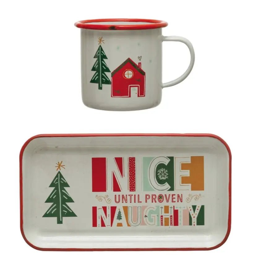 Nice Until Proven Naughty Enamel Tray with Mug Seasonal & Holiday Decorations 12039837