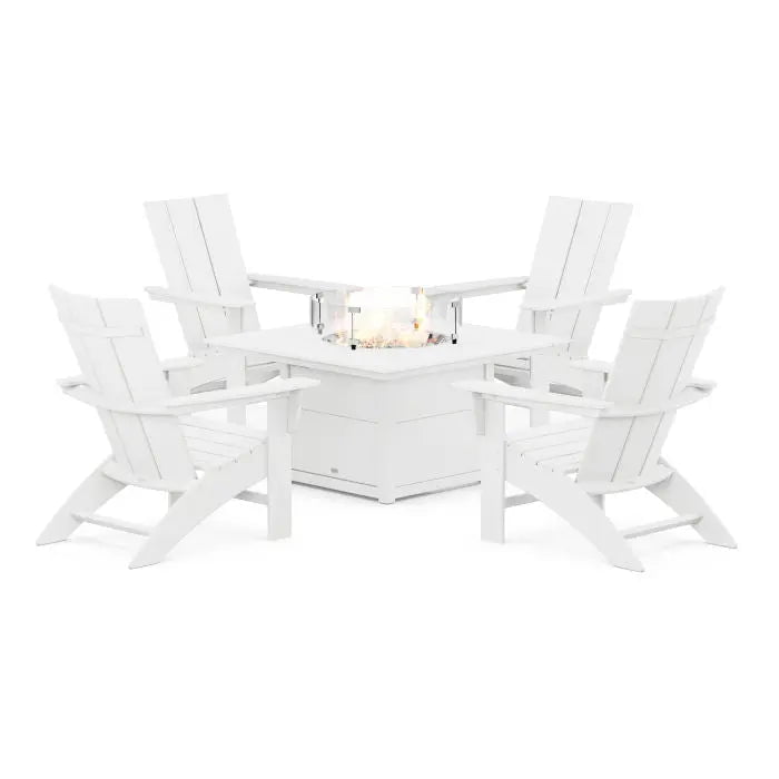 POLYWOOD Modern Curveback Adirondack 5-Piece Conversation Set with Fire Pit Table Outdoor Furniture Sets White PWS412-1-WH