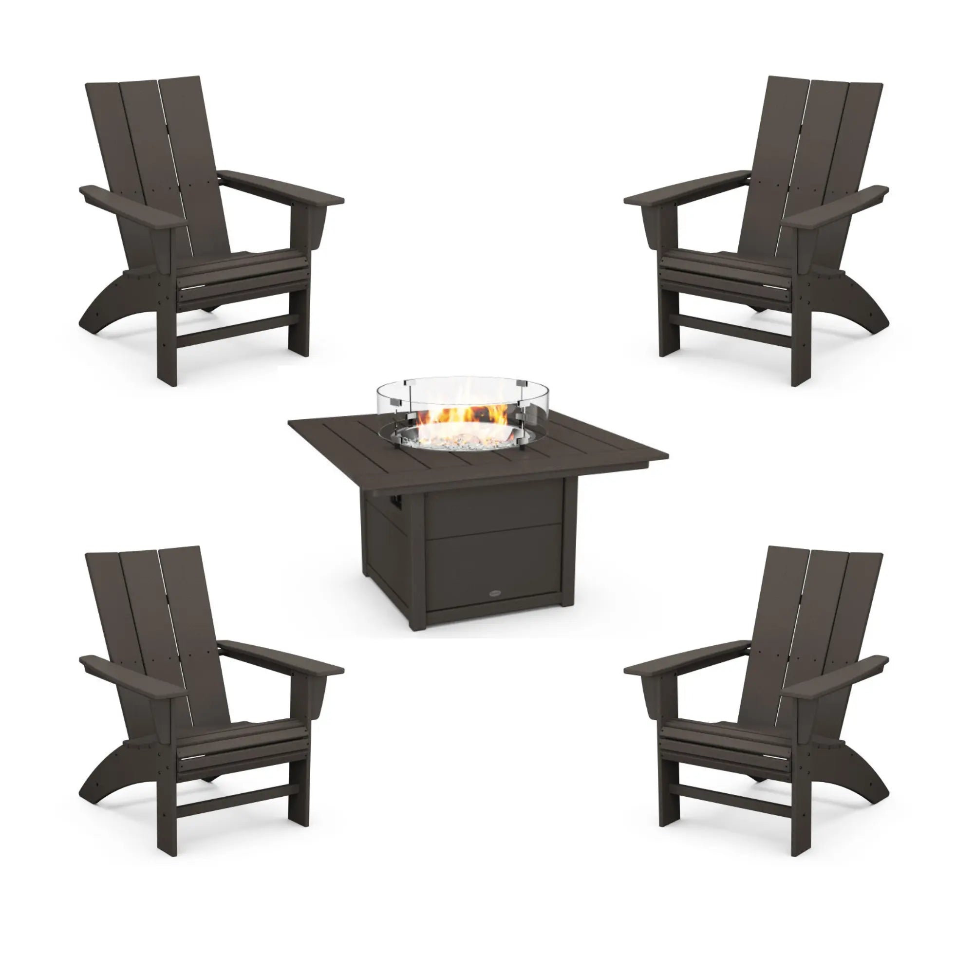 POLYWOOD Modern Curveback Adirondack 5-Piece Conversation Set with Fire Pit Table Outdoor Furniture Sets White PWS412-1-WH