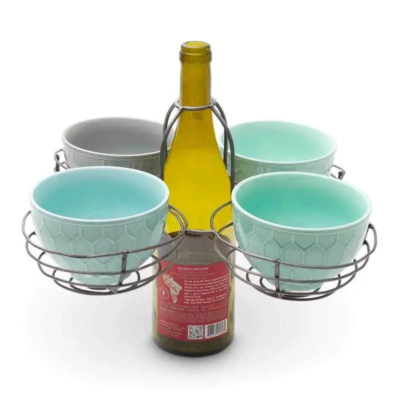 Quad Basket Bottle Topper with 4 Hex Pattern Stoneware Bowls Decor 12030873