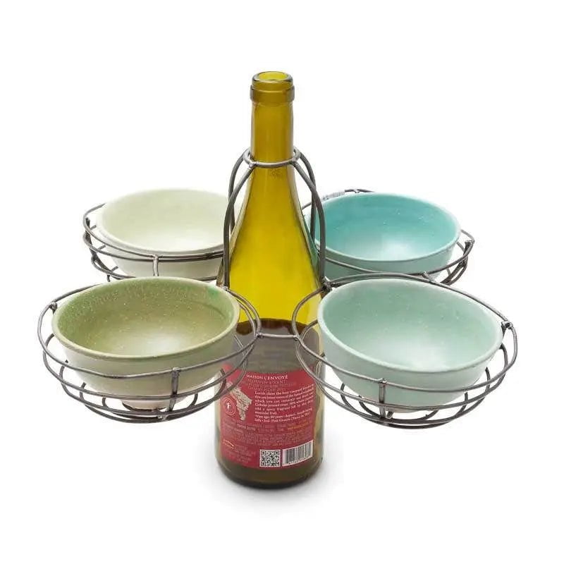 Quad Basket Bottle Topper with 4 Two-Toned Stoneware Bowls Decor 12030874