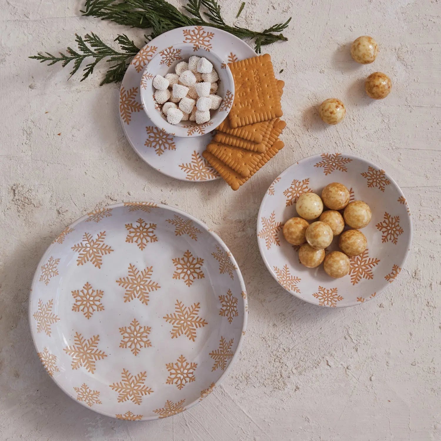 Reactive Glaze Stoneware Low Bowl with Snowflakes Seasonal & Holiday Decorations 12044814