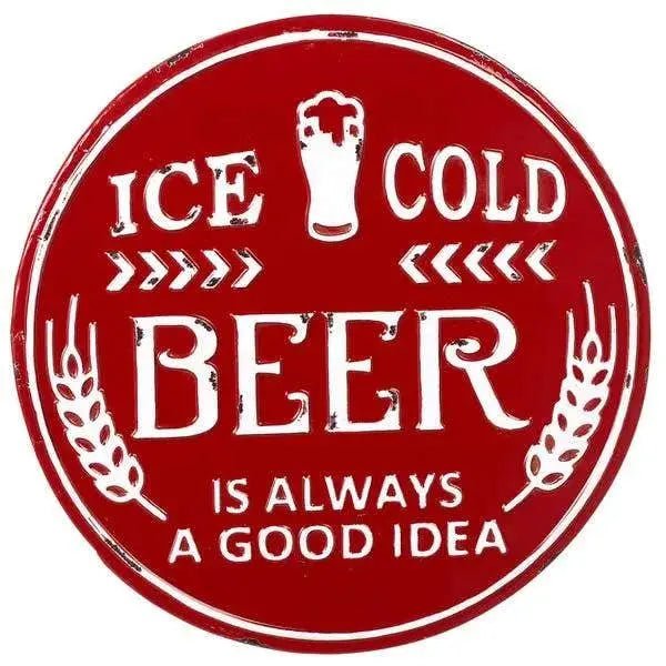 Red and White Enameled Round "Ice Cold Beer" Wall Sign Decor 12038632