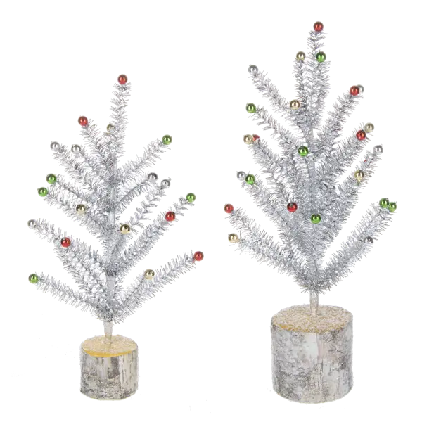 Silver Tinsel Trees with Wood Base Seasonal & Holiday Decorations