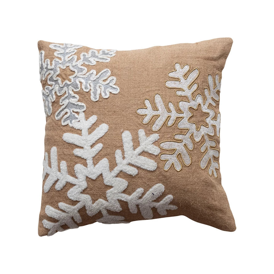 Square Jute Pillow with Snowflake Appliques 12044716