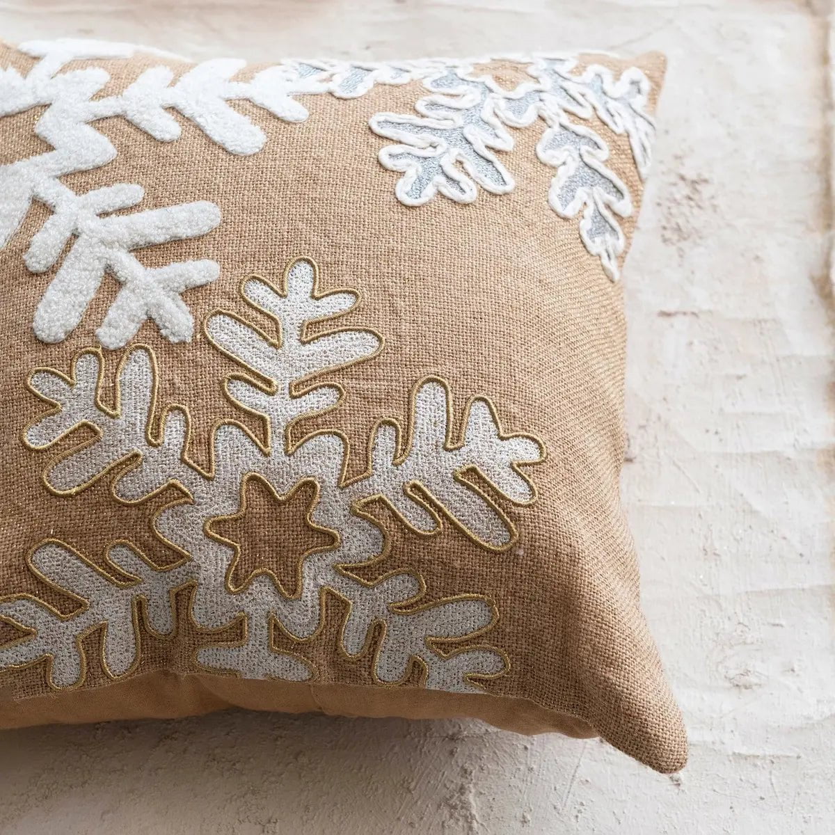 Square Jute Pillow with Snowflake Appliques Seasonal & Holiday Decorations 12044716