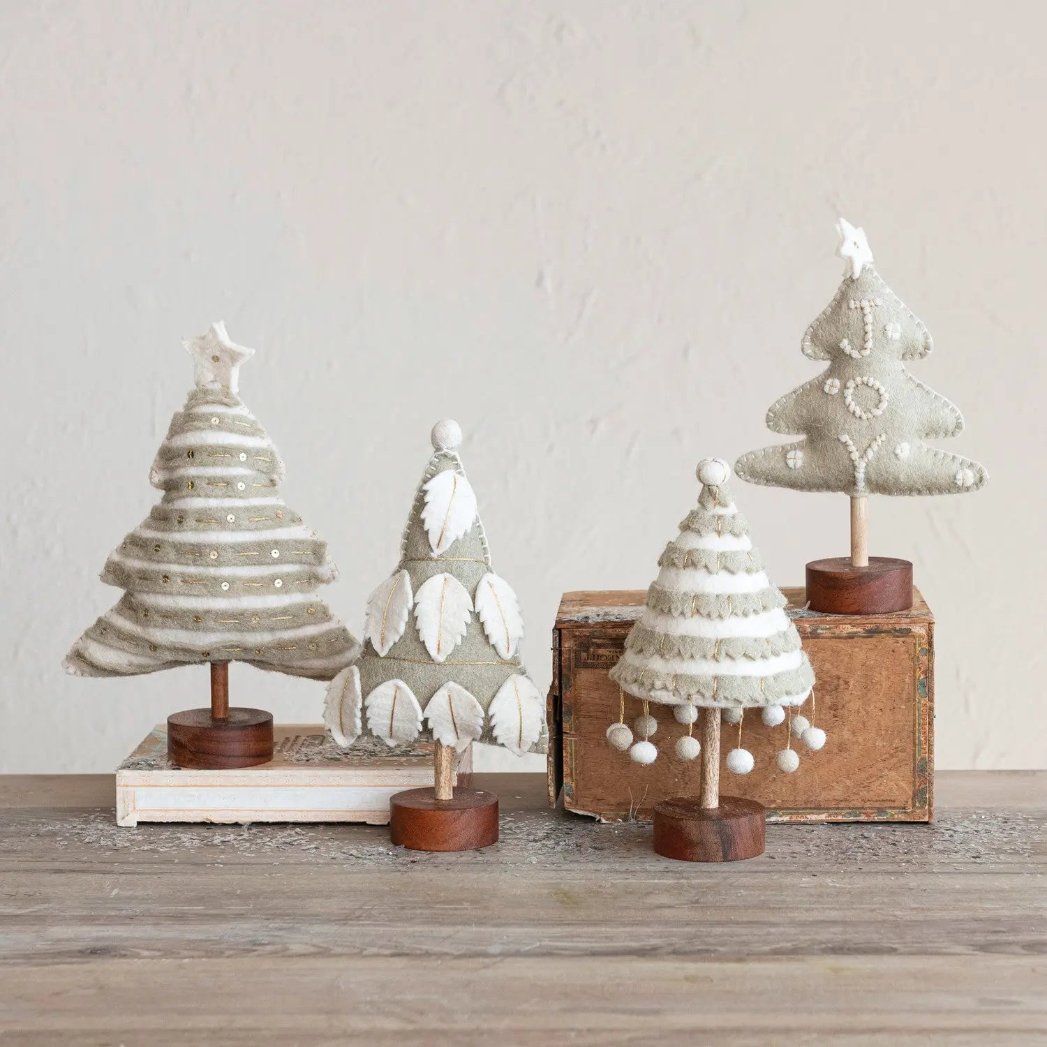 Wool Felt Holiday Trees in Grey and White Seasonal & Holiday Decorations