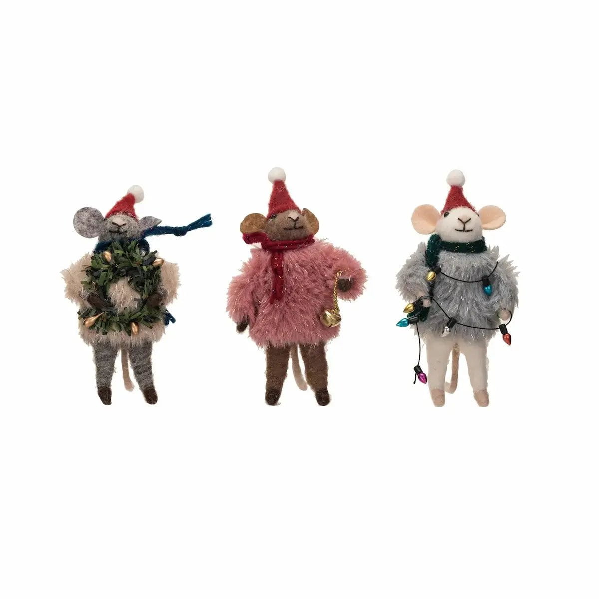 Wool Felt Mouse with Faux Fur Sweater Ornaments Holiday Ornaments